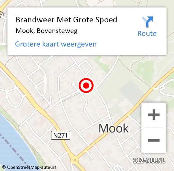 Locatie op kaart van de 112 melding: Brandweer Met Grote Spoed Naar Mook, Bovensteweg op 18 augustus 2021 13:25