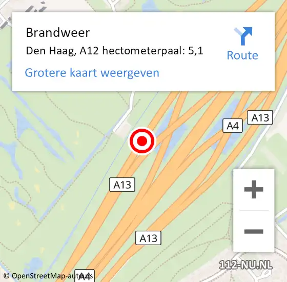 Locatie op kaart van de 112 melding: Brandweer Den Haag, A12 hectometerpaal: 5,1 op 18 augustus 2021 14:48