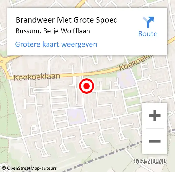 Locatie op kaart van de 112 melding: Brandweer Met Grote Spoed Naar Bussum, Betje Wolfflaan op 18 augustus 2021 15:56