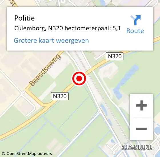 Locatie op kaart van de 112 melding: Politie Culemborg, N320 hectometerpaal: 5,1 op 18 augustus 2021 16:25