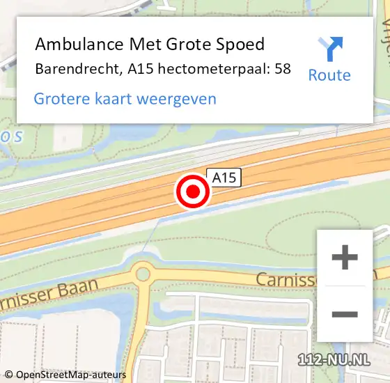 Locatie op kaart van de 112 melding: Ambulance Met Grote Spoed Naar Barendrecht, A15 hectometerpaal: 58 op 18 augustus 2021 17:17