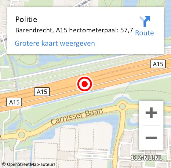 Locatie op kaart van de 112 melding: Politie Barendrecht, A15 hectometerpaal: 57,7 op 18 augustus 2021 17:17