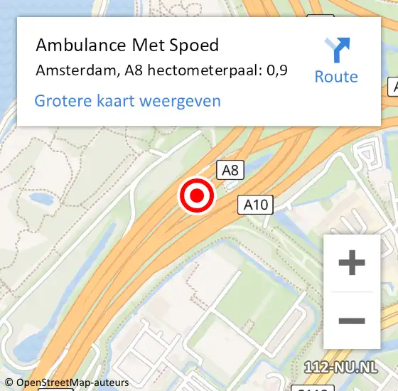 Locatie op kaart van de 112 melding: Ambulance Met Spoed Naar Amsterdam, A8 hectometerpaal: 0,9 op 18 augustus 2021 19:36