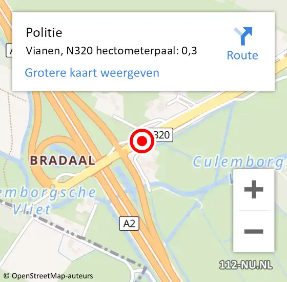Locatie op kaart van de 112 melding: Politie Vianen, N320 hectometerpaal: 0,3 op 18 augustus 2021 22:33