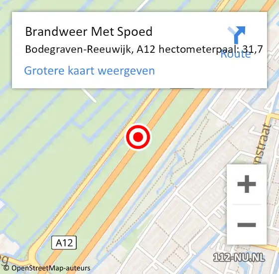 Locatie op kaart van de 112 melding: Brandweer Met Spoed Naar Bodegraven-Reeuwijk, A12 hectometerpaal: 31,7 op 18 augustus 2021 22:57