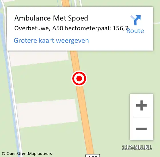 Locatie op kaart van de 112 melding: Ambulance Met Spoed Naar Overbetuwe, A50 hectometerpaal: 156,7 op 18 augustus 2021 23:32