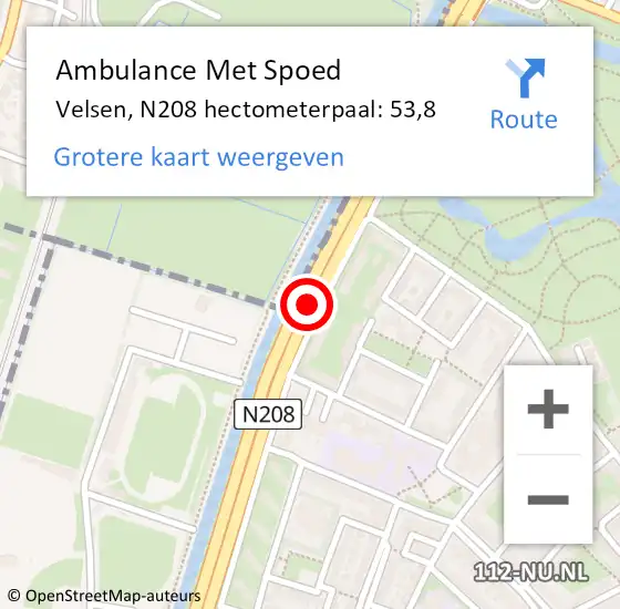 Locatie op kaart van de 112 melding: Ambulance Met Spoed Naar Velsen, N208 hectometerpaal: 53,8 op 19 augustus 2021 07:32