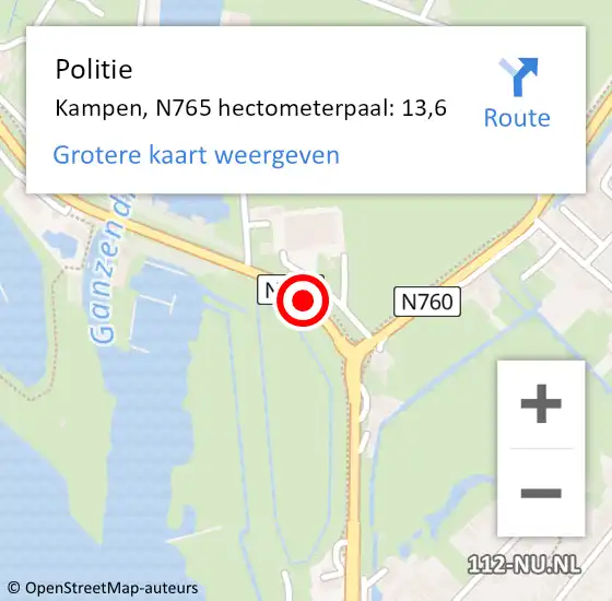 Locatie op kaart van de 112 melding: Politie Kampen, N765 hectometerpaal: 13,6 op 19 augustus 2021 07:59