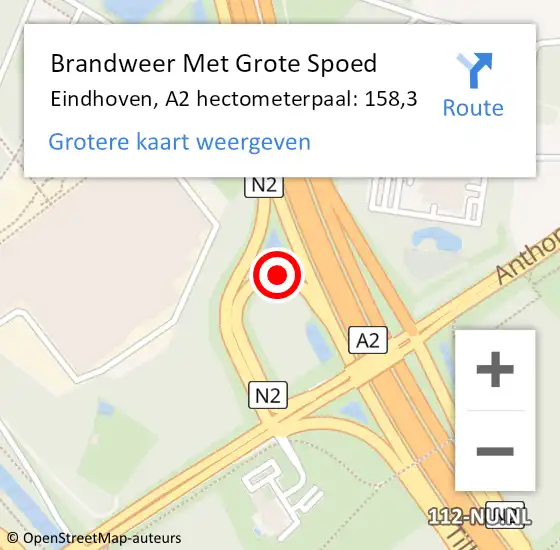 Locatie op kaart van de 112 melding: Brandweer Met Grote Spoed Naar Eindhoven, A2 hectometerpaal: 158,3 op 19 augustus 2021 09:19