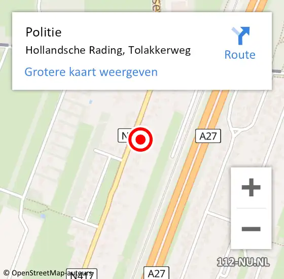 Locatie op kaart van de 112 melding: Politie Hollandsche Rading, Tolakkerweg op 19 augustus 2021 11:53