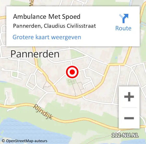 Locatie op kaart van de 112 melding: Ambulance Met Spoed Naar Pannerden, Claudius Civilisstraat op 19 augustus 2021 11:56