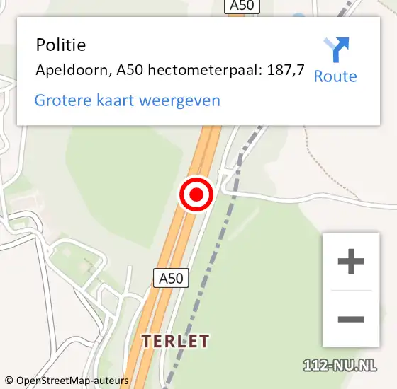 Locatie op kaart van de 112 melding: Politie Apeldoorn, A50 hectometerpaal: 187,7 op 19 augustus 2021 12:11