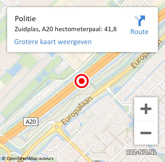 Locatie op kaart van de 112 melding: Politie Zuidplas, A20 hectometerpaal: 41,8 op 19 augustus 2021 13:29