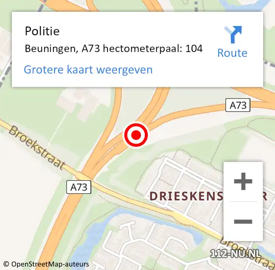 Locatie op kaart van de 112 melding: Politie Beuningen, A73 hectometerpaal: 104 op 19 augustus 2021 14:36