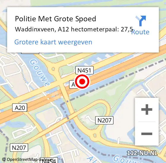 Locatie op kaart van de 112 melding: Politie Met Grote Spoed Naar Waddinxveen, A12 hectometerpaal: 27,5 op 19 augustus 2021 14:44