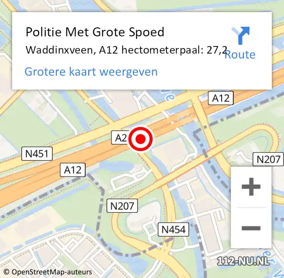 Locatie op kaart van de 112 melding: Politie Met Grote Spoed Naar Waddinxveen, A12 hectometerpaal: 27,2 op 19 augustus 2021 14:46