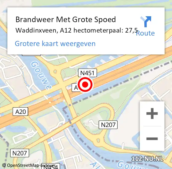 Locatie op kaart van de 112 melding: Brandweer Met Grote Spoed Naar Waddinxveen, A12 hectometerpaal: 27,5 op 19 augustus 2021 14:47