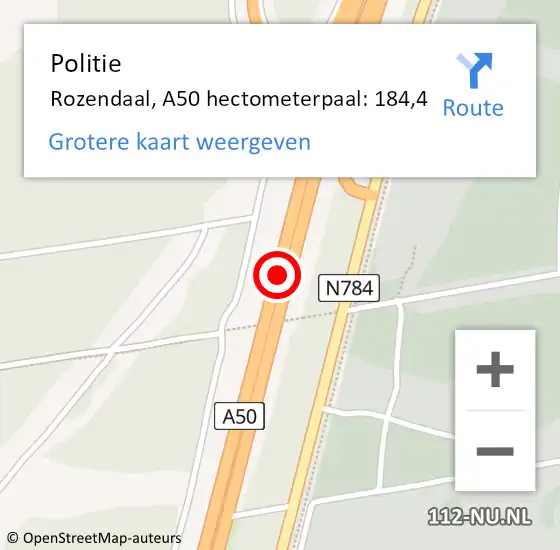 Locatie op kaart van de 112 melding: Politie Rozendaal, A50 hectometerpaal: 184,4 op 19 augustus 2021 16:42