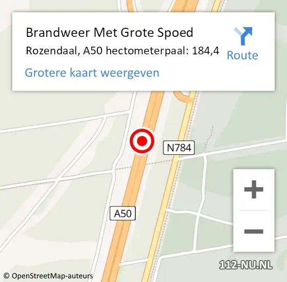 Locatie op kaart van de 112 melding: Brandweer Met Grote Spoed Naar Rozendaal, A50 hectometerpaal: 184,4 op 19 augustus 2021 16:42