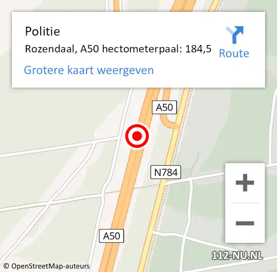 Locatie op kaart van de 112 melding: Politie Rozendaal, A50 hectometerpaal: 184,5 op 19 augustus 2021 16:43