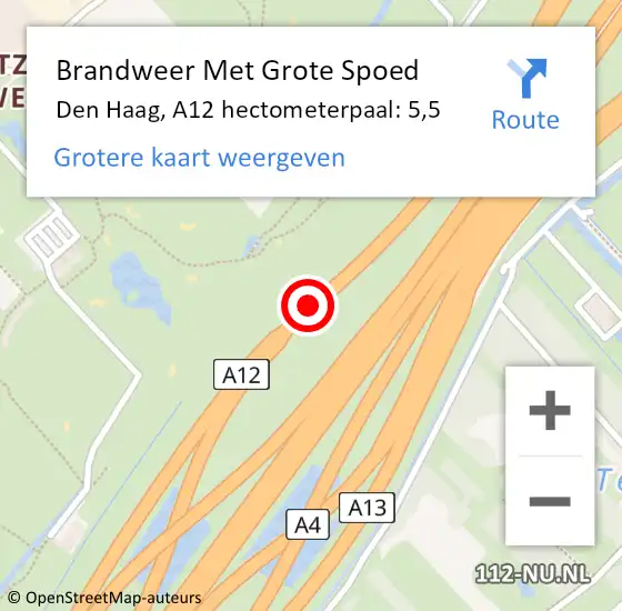 Locatie op kaart van de 112 melding: Brandweer Met Grote Spoed Naar Den Haag, A12 hectometerpaal: 5,5 op 19 augustus 2021 18:27