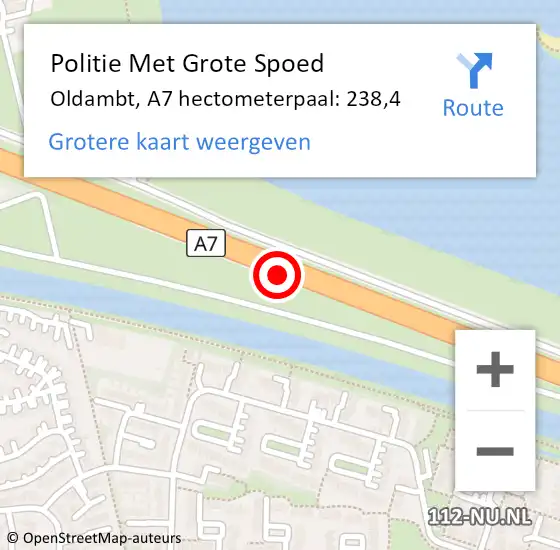 Locatie op kaart van de 112 melding: Politie Met Grote Spoed Naar Oldambt, A7 hectometerpaal: 238,4 op 19 augustus 2021 21:25