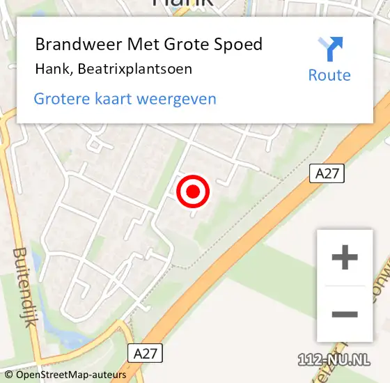 Locatie op kaart van de 112 melding: Brandweer Met Grote Spoed Naar Hank, Beatrixplantsoen op 19 augustus 2021 22:22