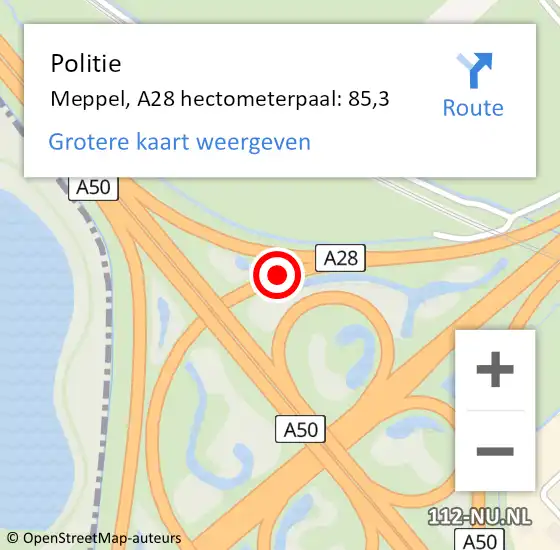 Locatie op kaart van de 112 melding: Politie Meppel, A28 hectometerpaal: 85,3 op 19 augustus 2021 22:42