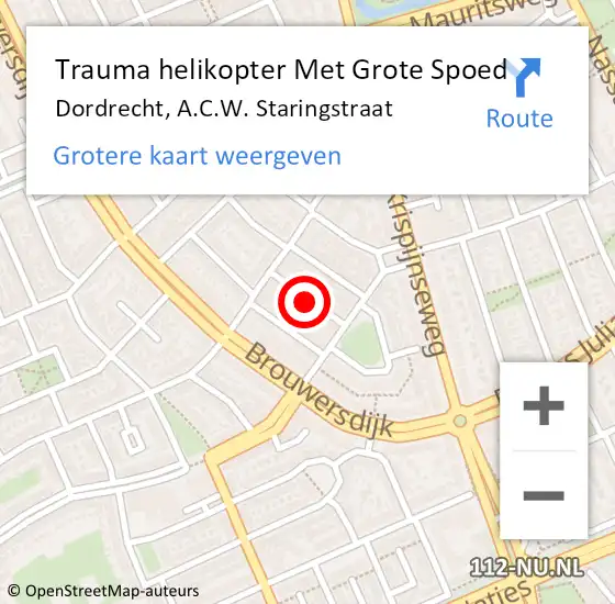 Locatie op kaart van de 112 melding: Trauma helikopter Met Grote Spoed Naar Dordrecht, A.C.W. Staringstraat op 20 augustus 2021 02:08