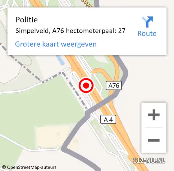 Locatie op kaart van de 112 melding: Politie Simpelveld, A76 hectometerpaal: 27 op 20 augustus 2021 02:56