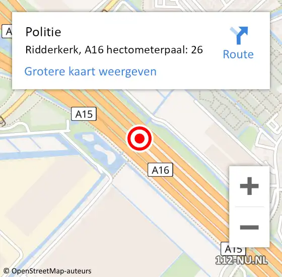 Locatie op kaart van de 112 melding: Politie Ridderkerk, A16 hectometerpaal: 26 op 20 augustus 2021 08:44