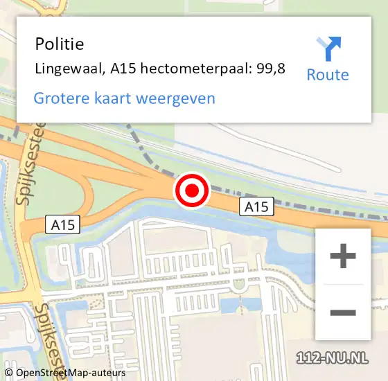 Locatie op kaart van de 112 melding: Politie Lingewaal, A15 hectometerpaal: 99,8 op 20 augustus 2021 08:53