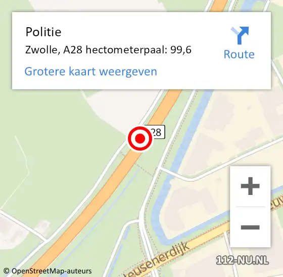 Locatie op kaart van de 112 melding: Politie Zwolle, A28 hectometerpaal: 99,6 op 20 augustus 2021 10:52