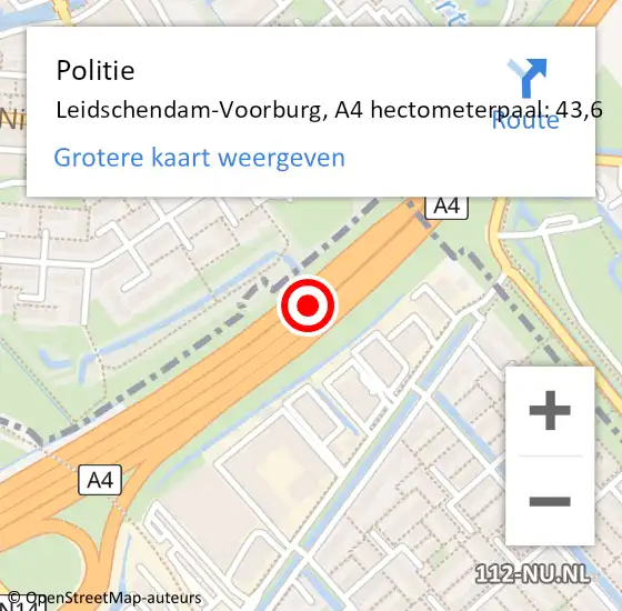 Locatie op kaart van de 112 melding: Politie Leidschendam-Voorburg, A4 hectometerpaal: 43,6 op 20 augustus 2021 11:25