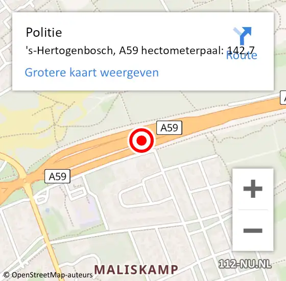 Locatie op kaart van de 112 melding: Politie 's-Hertogenbosch, A59 hectometerpaal: 142,7 op 20 augustus 2021 11:27