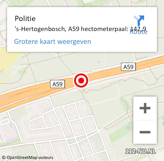 Locatie op kaart van de 112 melding: Politie 's-Hertogenbosch, A59 hectometerpaal: 142,9 op 20 augustus 2021 11:27
