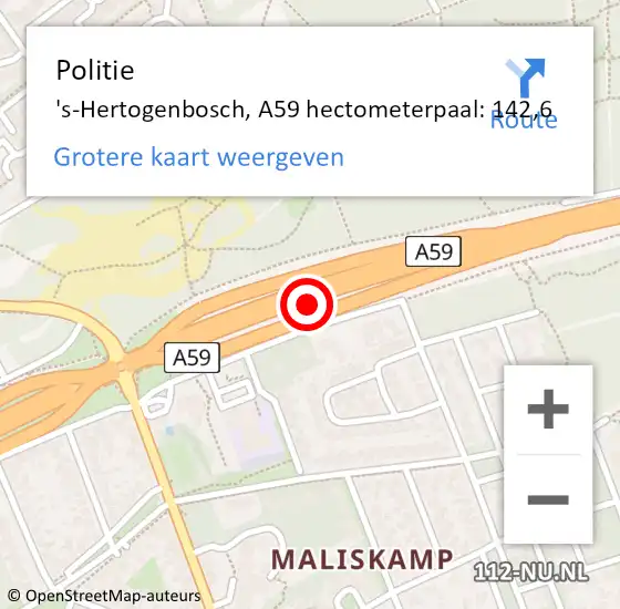 Locatie op kaart van de 112 melding: Politie 's-Hertogenbosch, A59 hectometerpaal: 142,6 op 20 augustus 2021 11:29