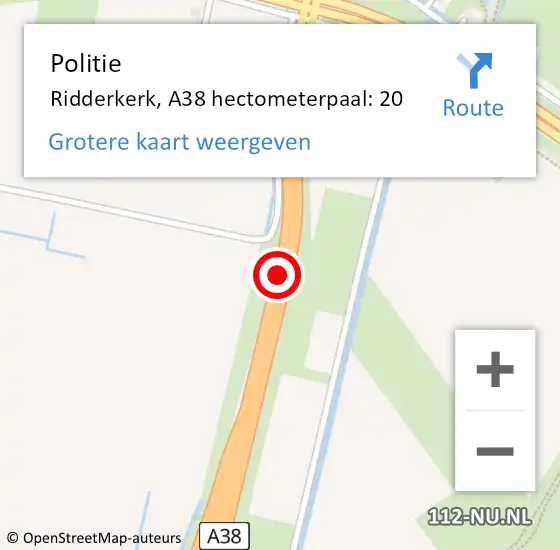 Locatie op kaart van de 112 melding: Politie Ridderkerk, A38 hectometerpaal: 20 op 20 augustus 2021 11:48