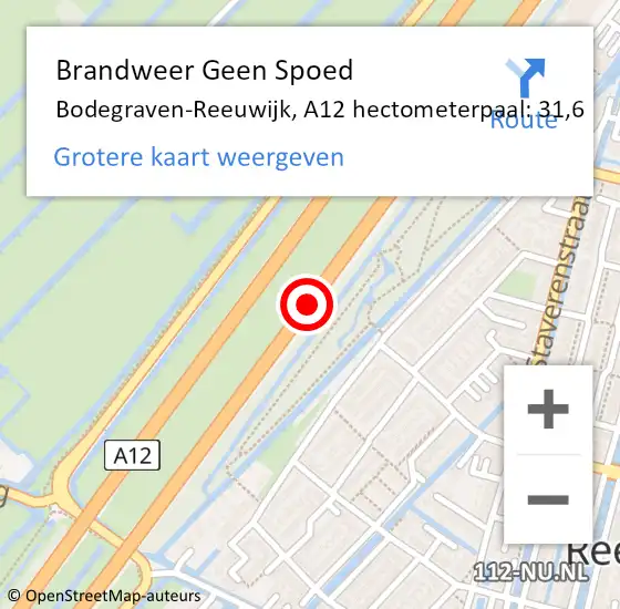 Locatie op kaart van de 112 melding: Brandweer Geen Spoed Naar Bodegraven-Reeuwijk, A12 hectometerpaal: 31,6 op 20 augustus 2021 13:08