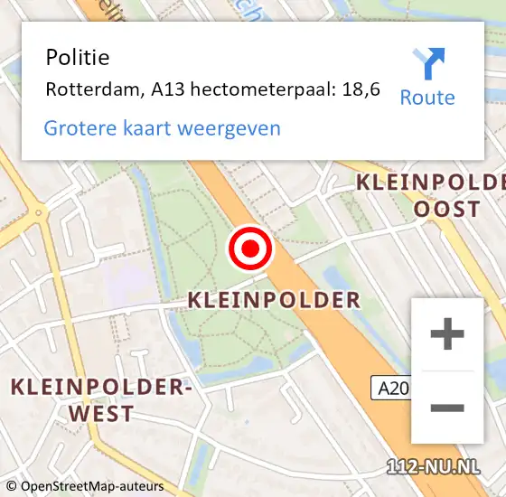 Locatie op kaart van de 112 melding: Politie Rotterdam, A13 hectometerpaal: 18,6 op 20 augustus 2021 15:29