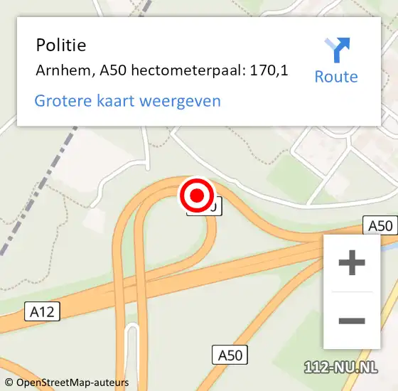 Locatie op kaart van de 112 melding: Politie Arnhem, A50 hectometerpaal: 170,1 op 20 augustus 2021 15:40