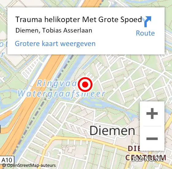 Locatie op kaart van de 112 melding: Trauma helikopter Met Grote Spoed Naar Diemen, Tobias Asserlaan op 20 augustus 2021 16:12