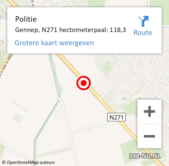 Locatie op kaart van de 112 melding: Politie Gennep, N271 hectometerpaal: 118,3 op 20 augustus 2021 17:00