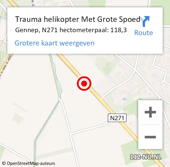 Locatie op kaart van de 112 melding: Trauma helikopter Met Grote Spoed Naar Gennep, N271 hectometerpaal: 118,3 op 20 augustus 2021 17:00