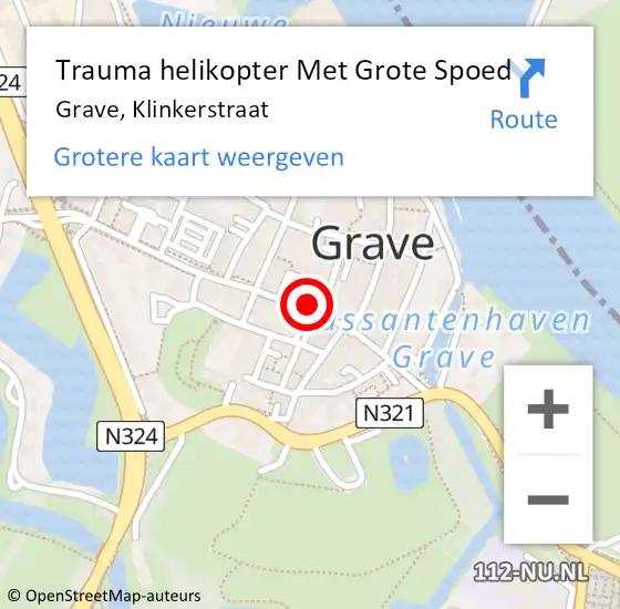 Locatie op kaart van de 112 melding: Trauma helikopter Met Grote Spoed Naar Grave, Klinkerstraat op 20 augustus 2021 17:26