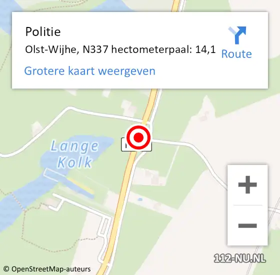 Locatie op kaart van de 112 melding: Politie Olst-Wijhe, N337 hectometerpaal: 14,1 op 20 augustus 2021 17:45