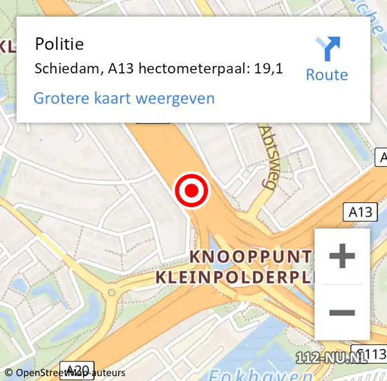 Locatie op kaart van de 112 melding: Politie Rotterdam, A13 hectometerpaal: 19,1 op 20 augustus 2021 17:56