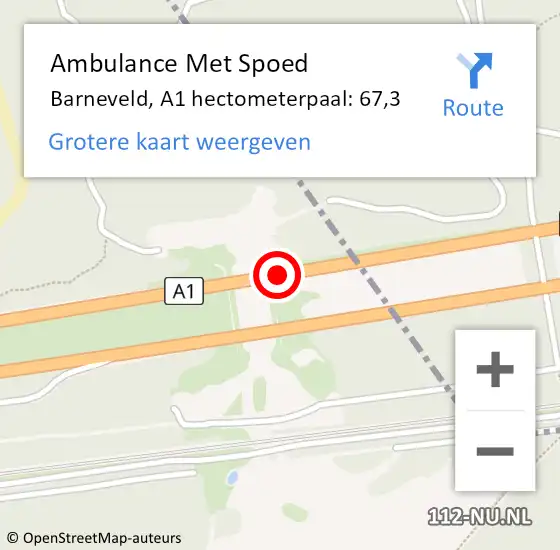 Locatie op kaart van de 112 melding: Ambulance Met Spoed Naar Barneveld, A1 hectometerpaal: 67,3 op 20 augustus 2021 18:20