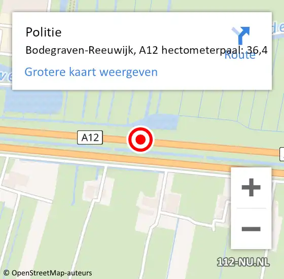 Locatie op kaart van de 112 melding: Politie Bodegraven-Reeuwijk, A12 hectometerpaal: 36,4 op 20 augustus 2021 19:44