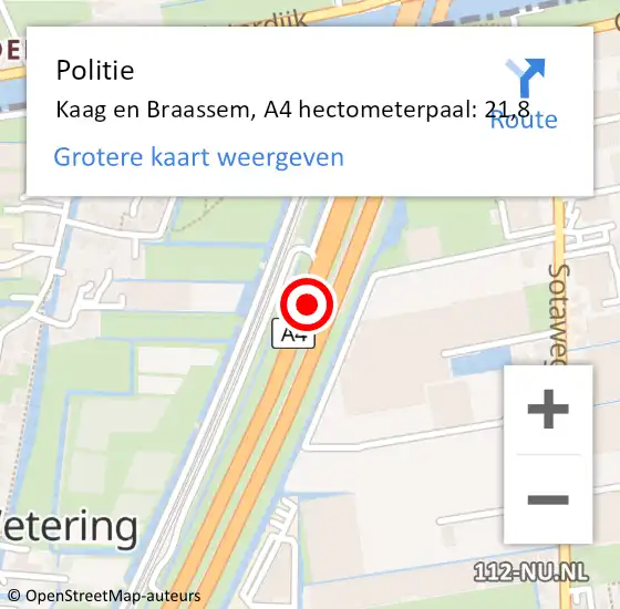 Locatie op kaart van de 112 melding: Politie Kaag en Braassem, A4 hectometerpaal: 21,8 op 21 augustus 2021 00:48